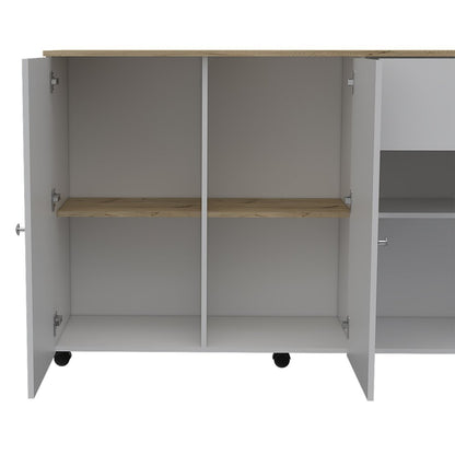 54" Natural and White Wood Flat Door Rolling Kitchen Island With Storage