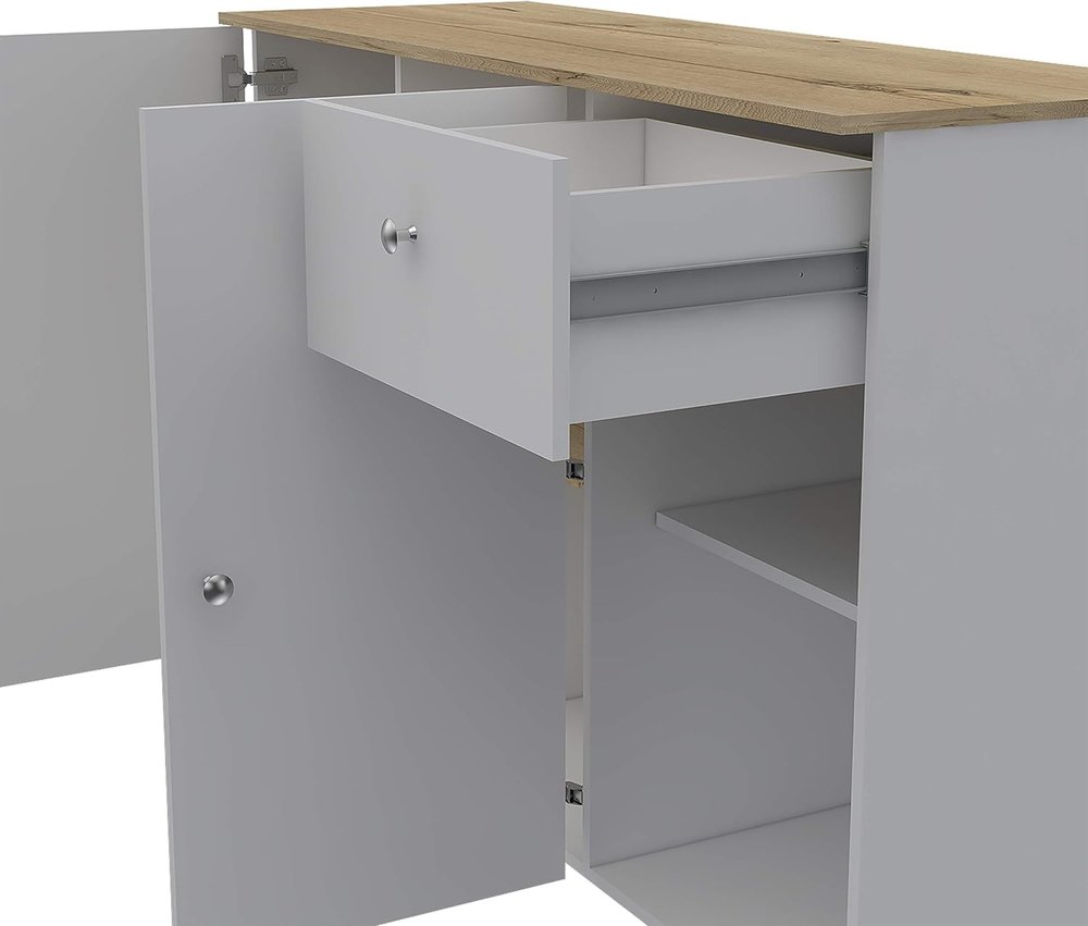 54" Natural and White Wood Flat Door Rolling Kitchen Island With Storage