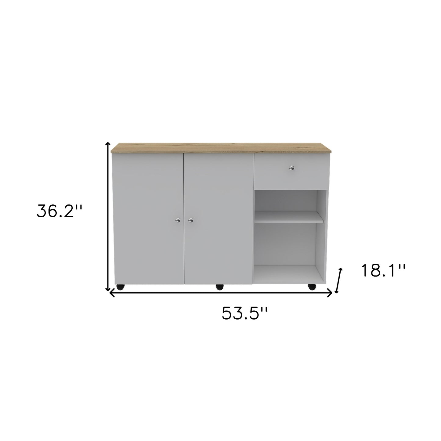 White and Natural 54" Rolling Kitchen Island With Storage