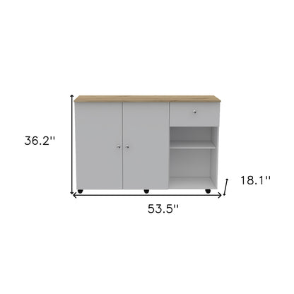 White and Natural 54" Rolling Kitchen Island With Storage