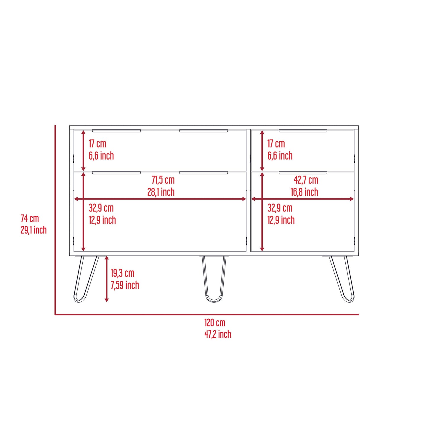 47" Brown and Black Four Drawer Double Dresser