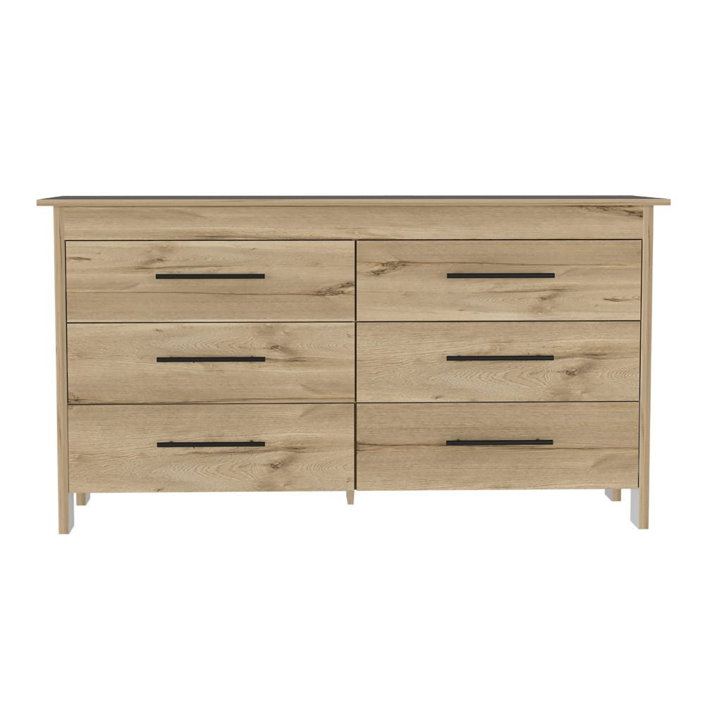 59" Natural and Black Six Drawer Double Dresser