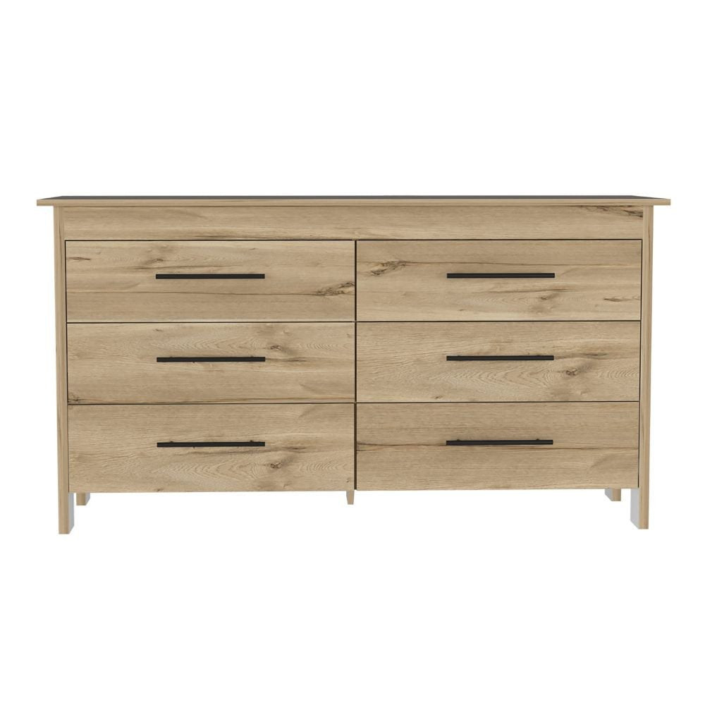 59" Natural And Black Wood Six Drawer Double Dresser