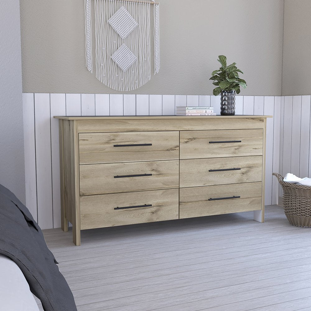 59" Natural And Black Wood Six Drawer Double Dresser