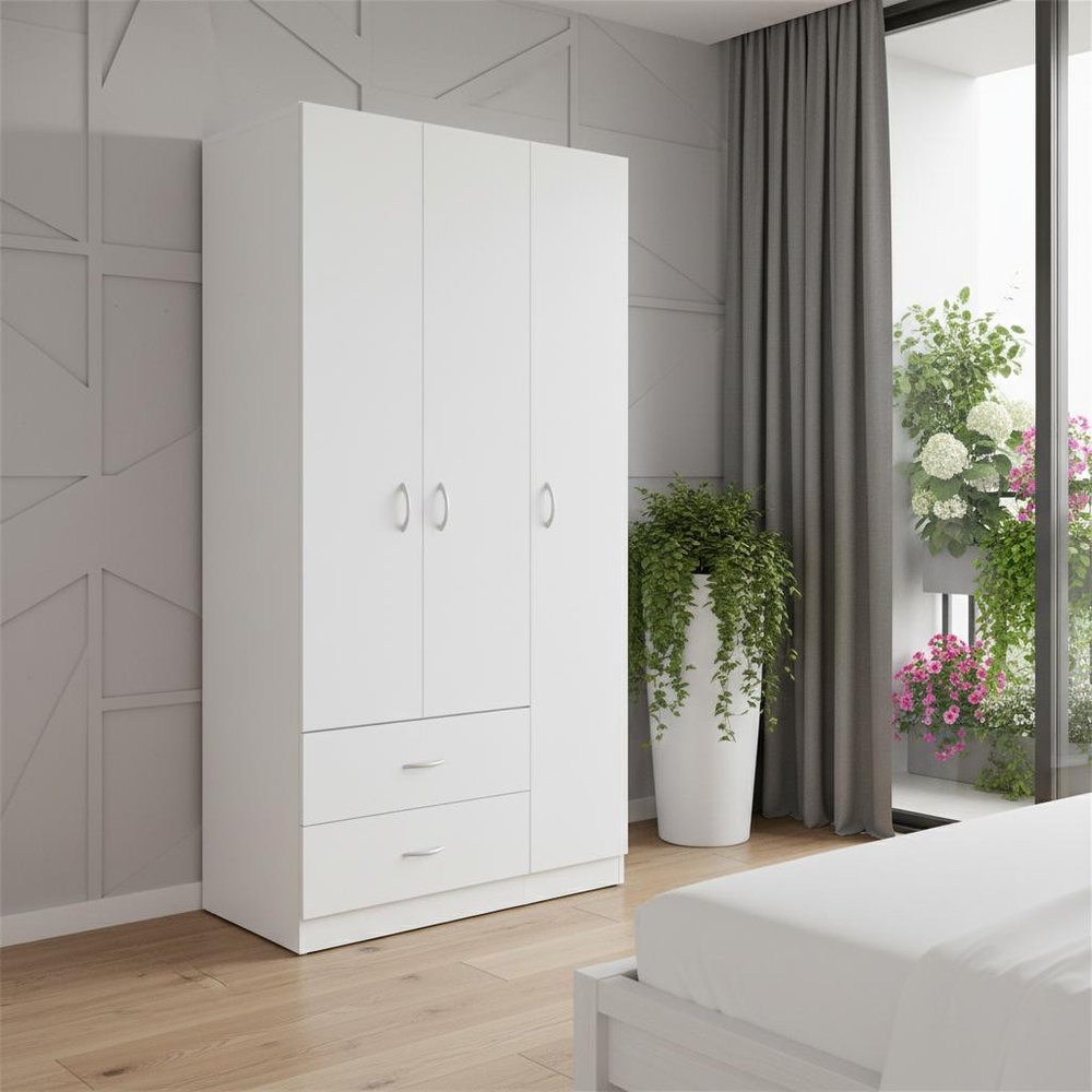 71" White Wood Three Door Two Drawer Combo Dresser