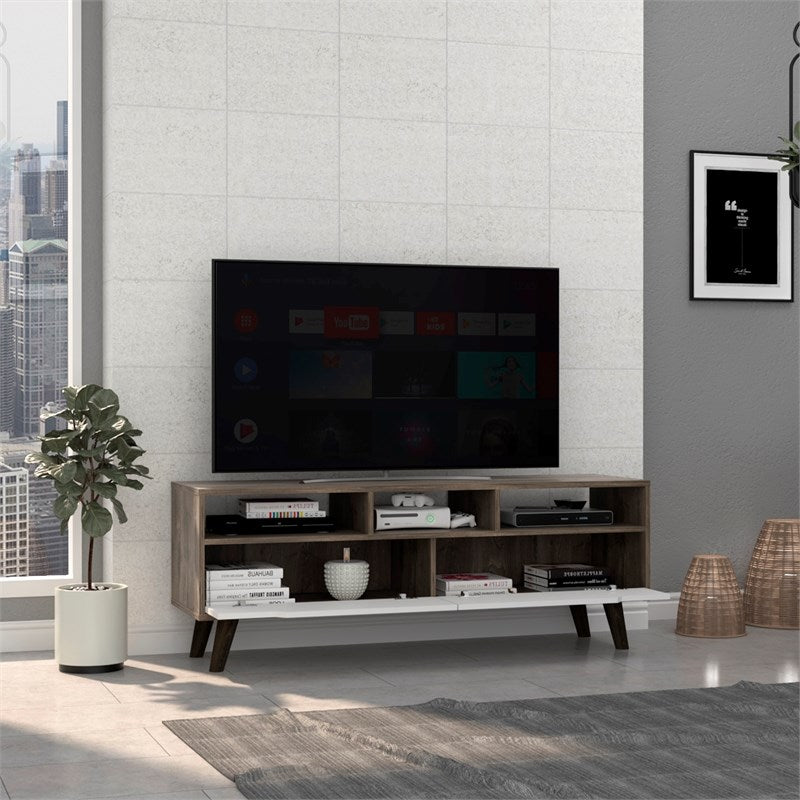 54" Brown And White Particle Board Open Shelving TV Stand