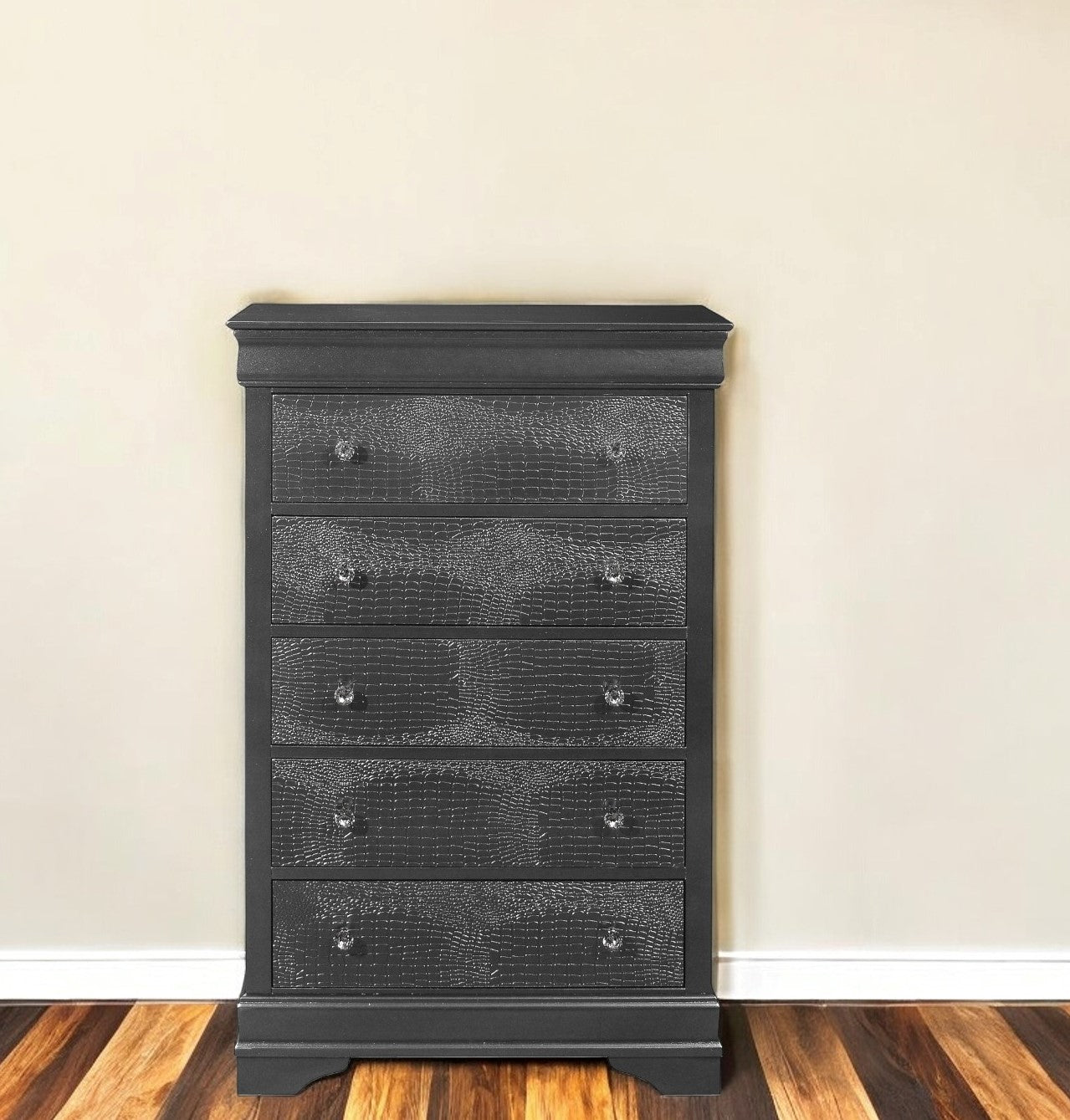 31" Metallic Grey Solid Wood Five Drawer Chest