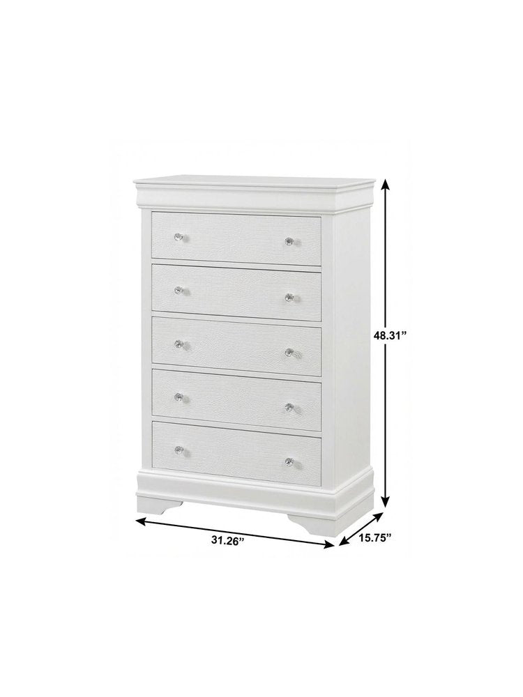 31" Metallic White Solid Wood Five Drawer Chest