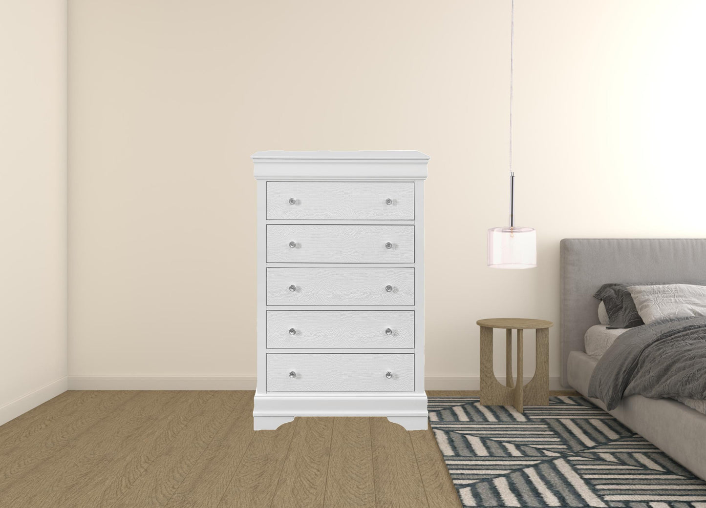 31" Metallic White Solid Wood Five Drawer Chest