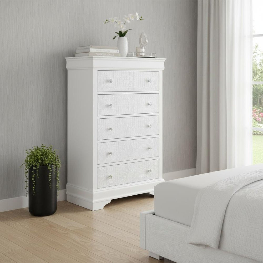 31" Metallic White Solid Wood Five Drawer Chest