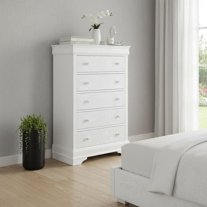 31" Metallic White Solid Wood Five Drawer Chest