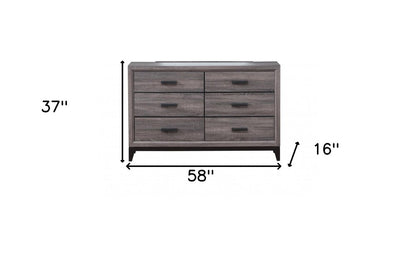 58" Gray Wood Six Drawer Double Dresser