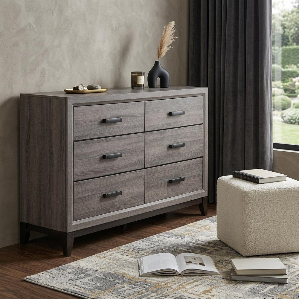 58" Gray Solid and Manufactured Wood Six Drawer Double Dresser