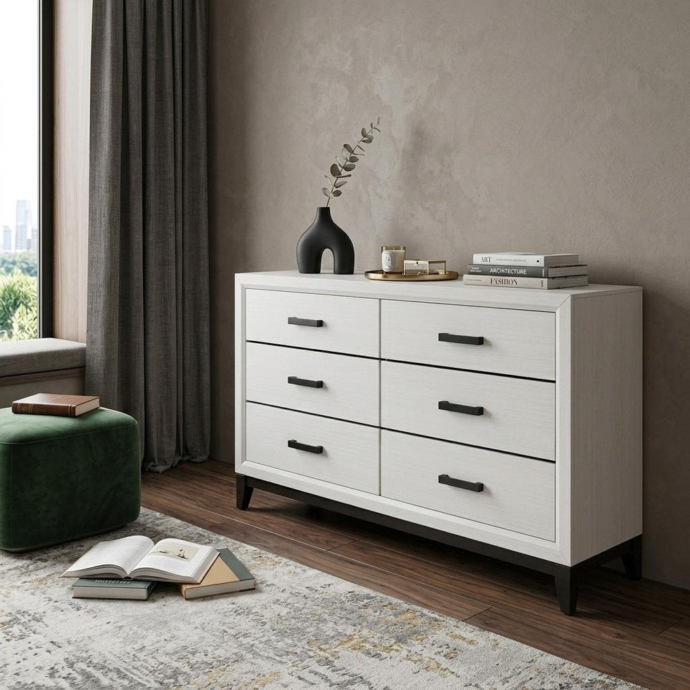 58" White Solid Wood Six Drawer Double Dresser