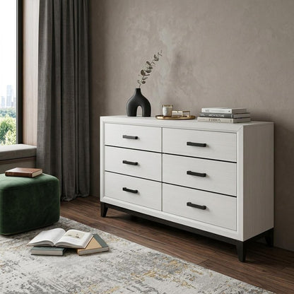 58" White Solid Wood Six Drawer Double Dresser
