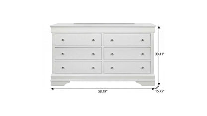 58" Metallic White Solid Wood Six Drawer Double Dresser