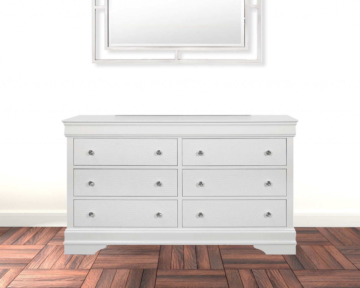 58" Metallic White Solid Wood Six Drawer Double Dresser