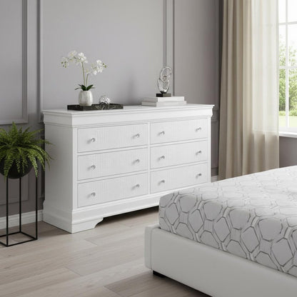 58" Metallic White Solid Wood Six Drawer Double Dresser