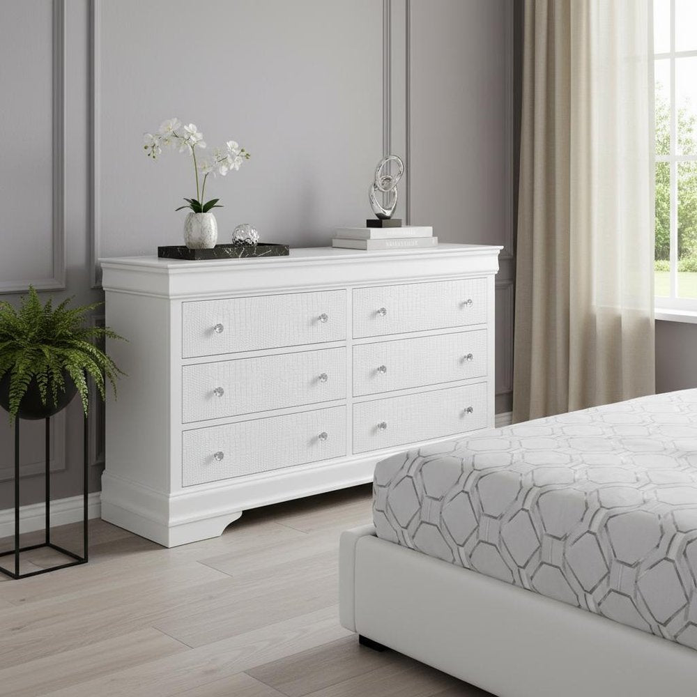 58" White Solid Wood Six Drawer Double Dresser