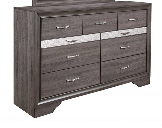 63" Gray Faux Crystal Bling Solid Wood Nine Drawer Double Dresser
