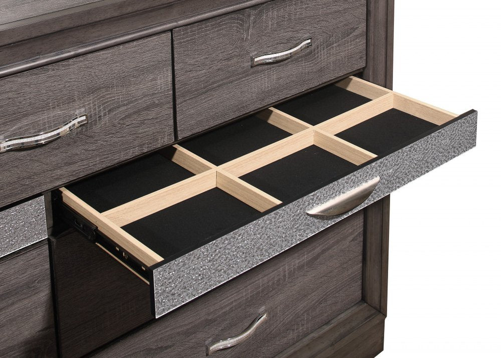 63" Gray Faux Crystal Bling Solid Wood Nine Drawer Double Dresser
