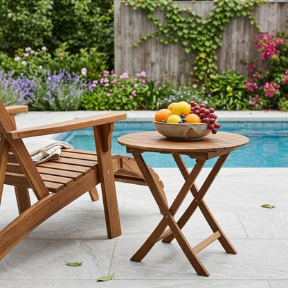 30" Brown Rounded Solid Wood Folding Outdoor Side Table