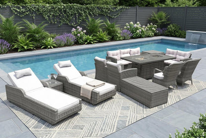 Twelve Piece Outdoor Gray Wicker Multiple Chairs Seating Group Fire Pit Included with White Cushions