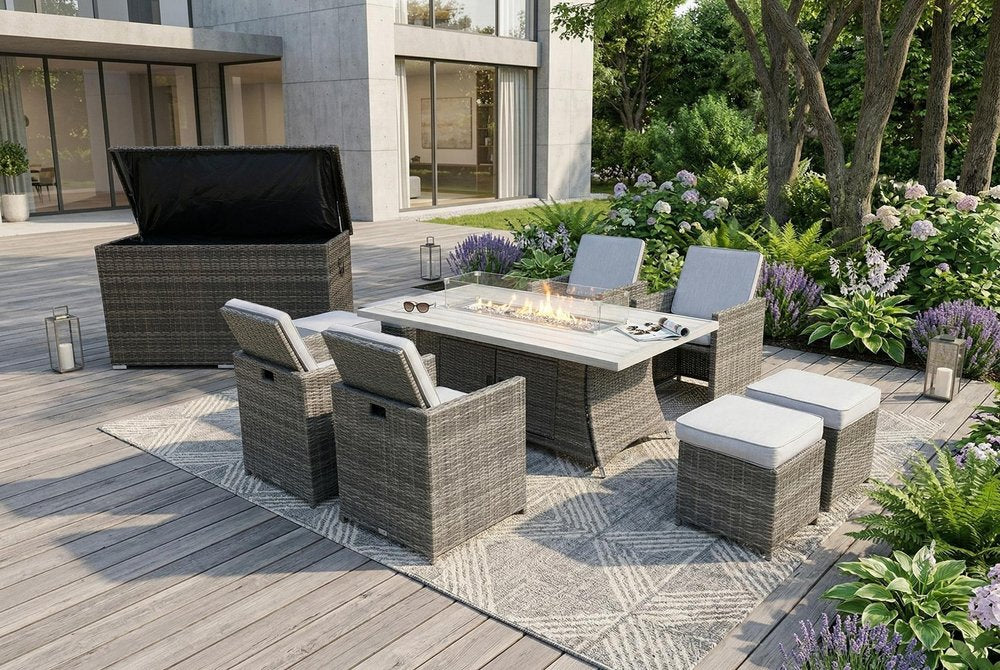 Ten Piece Outdoor Gray Wicker Multiple Chairs Seating Group Fire Pit Included with White Cushions