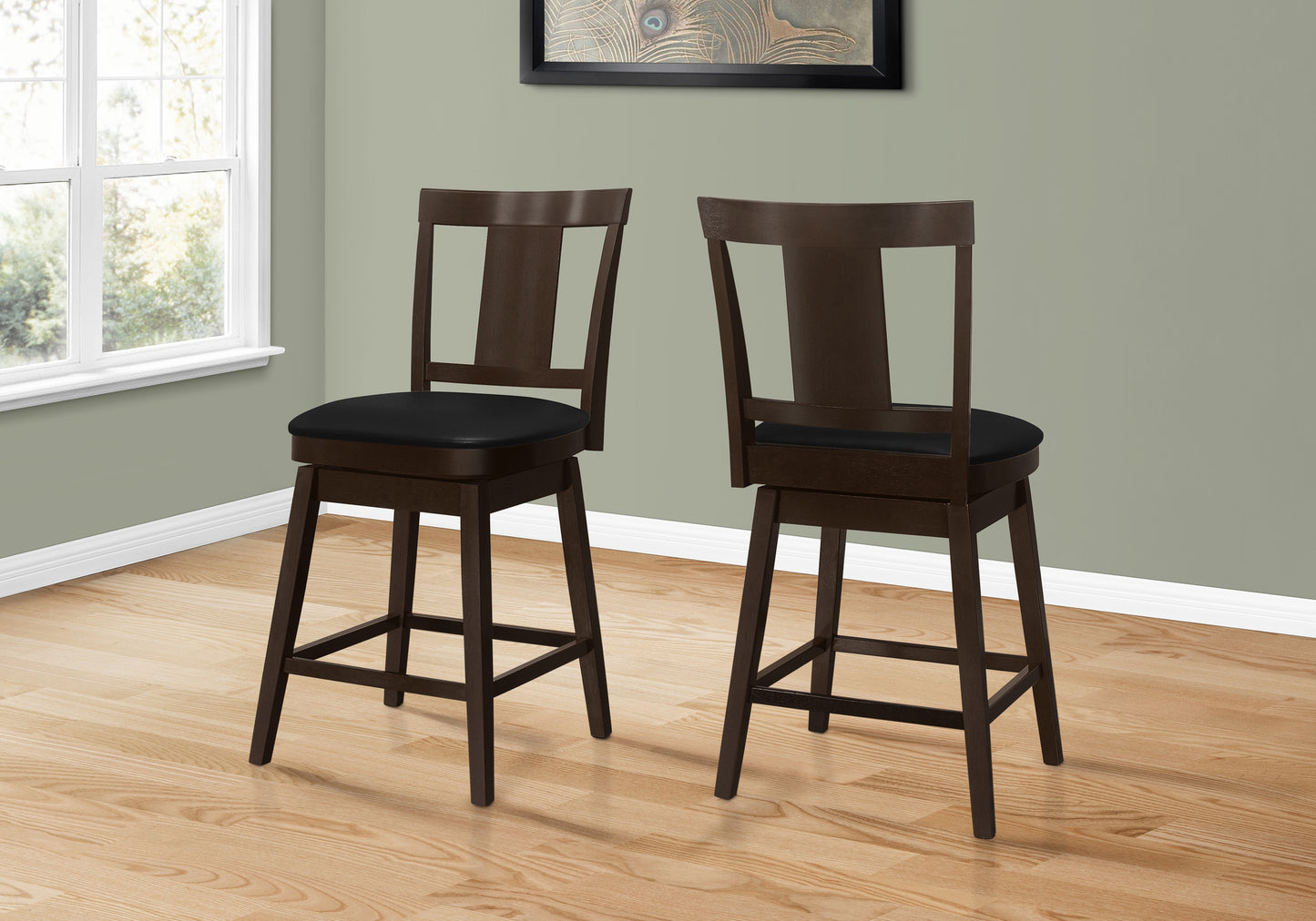 Set of Two 23 " Black And Espresso Faux Leather And Solid Wood Swivel Counter Height Bar Chairs