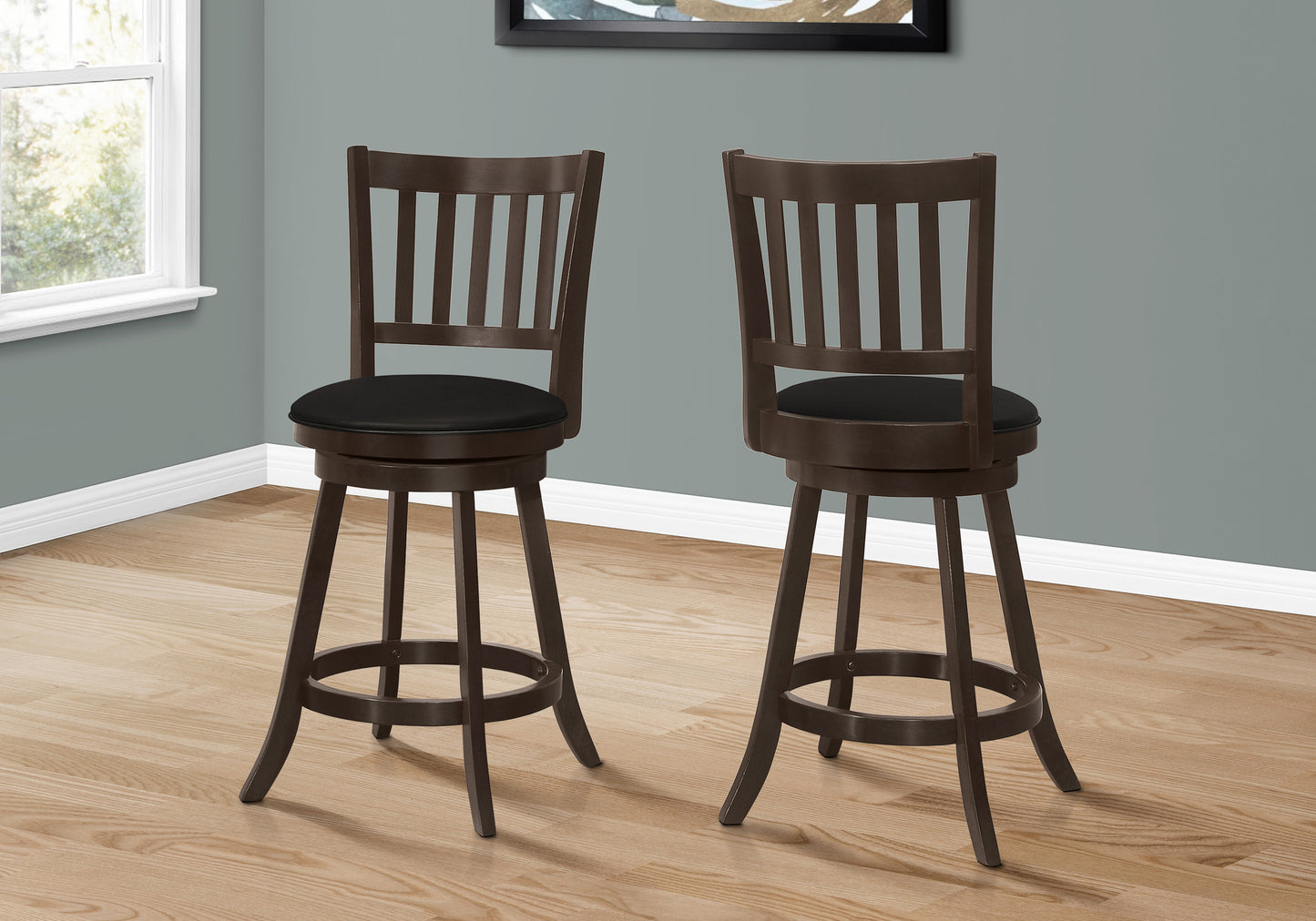 Set of Two 23 " Black And Espresso Faux Leather And Solid Wood Swivel Counter Height Bar Chairs