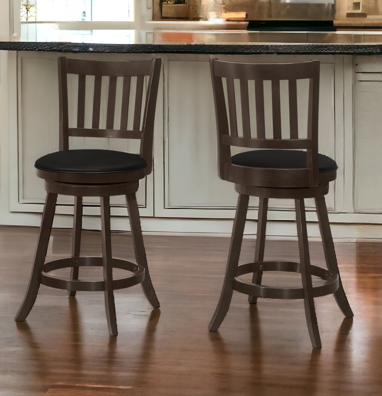 Set of Two 23 " Black And Espresso Faux Leather And Solid Wood Swivel Counter Height Bar Chairs