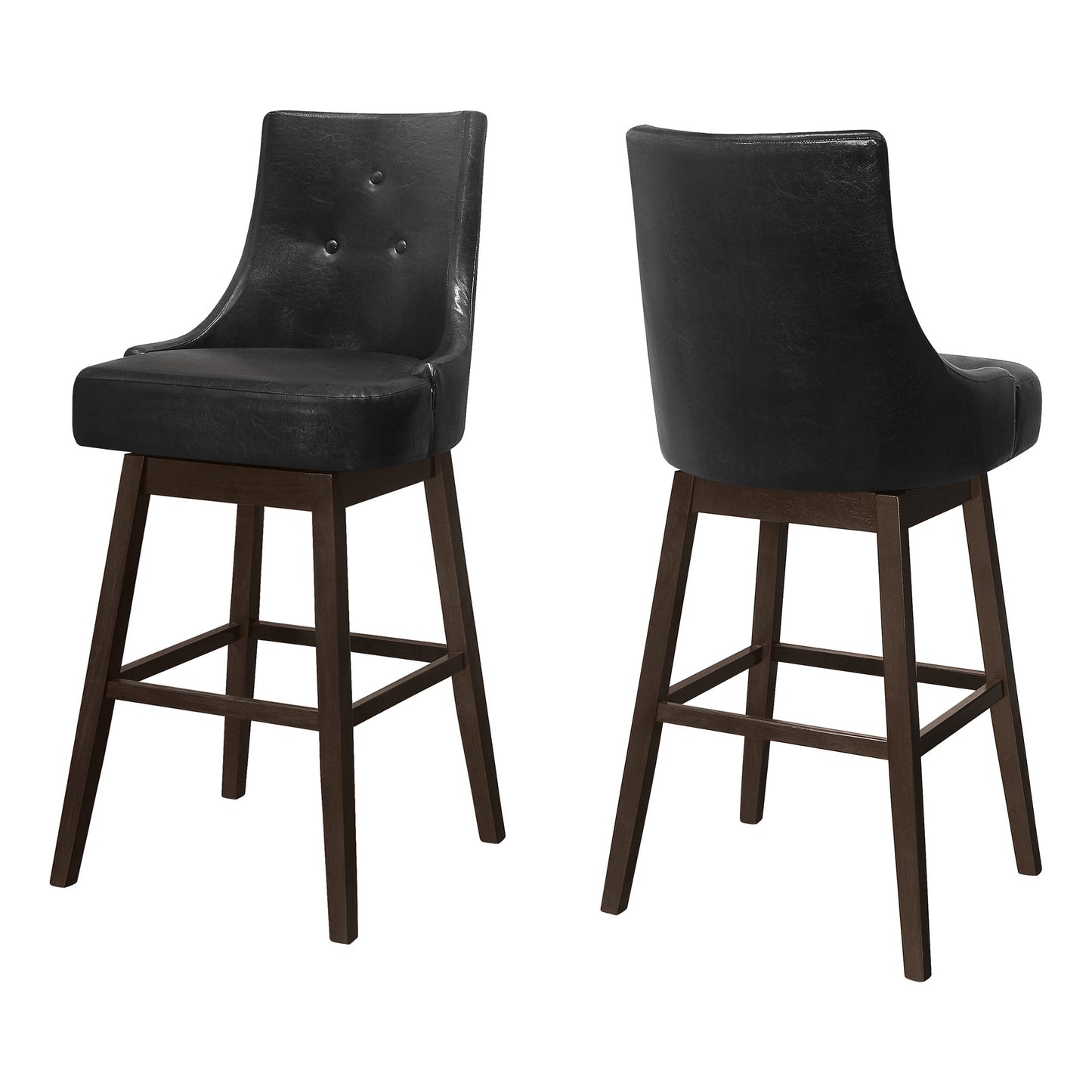 Set of Two 29 " Black And Brown Faux Leather And Solid Wood Swivel Bar Height Bar Chairs