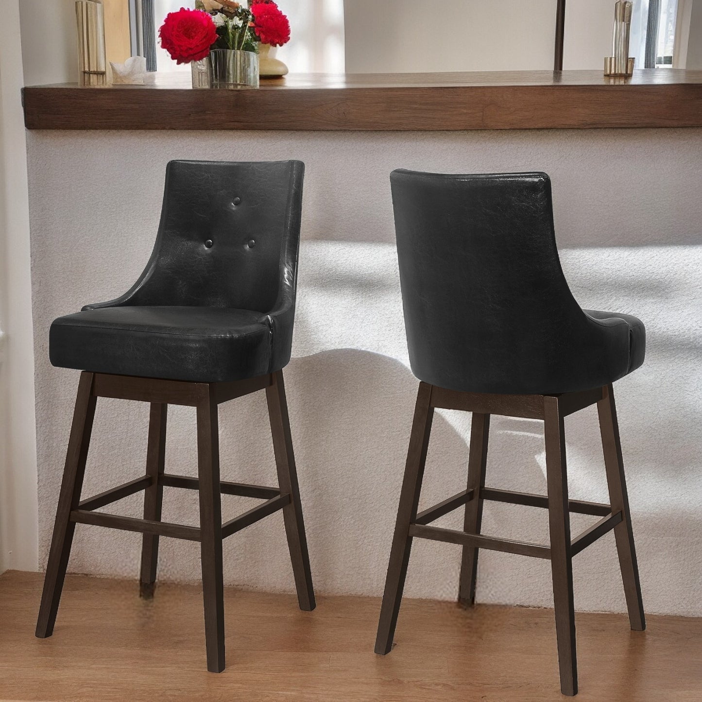 Set of Two 29 " Black And Brown Faux Leather And Solid Wood Swivel Bar Height Bar Chairs