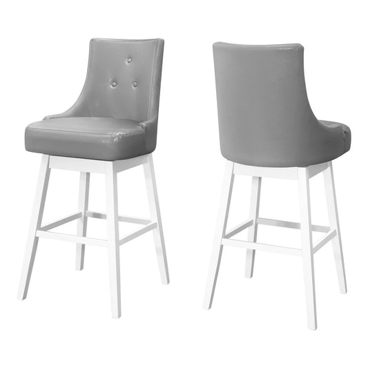 Set of Two 29" Gray and White Faux Leather and Solid Wood Bar Height Swivel Bar Chairs