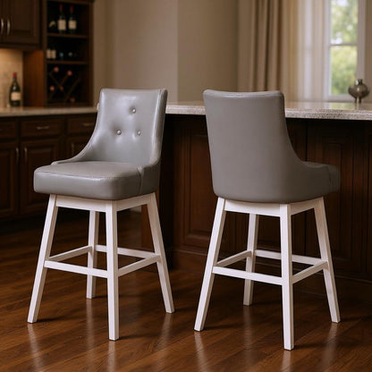 Set of Two 29" Gray and White Faux Leather and Solid Wood Bar Height Swivel Bar Chairs