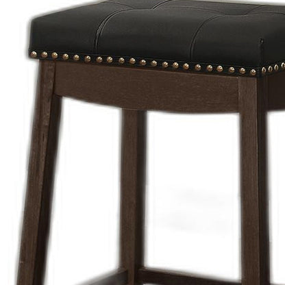 Set of Two 30 " Black And Espresso Faux Leather And Solid Wood Backless Bar Height Bar Chairs