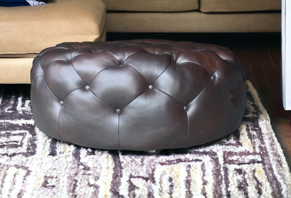 41" Brown Genuine Leather And Dark Brown Tufted Round Ottoman