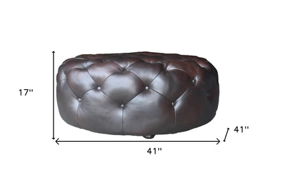 41" Brown Genuine Leather And Dark Brown Tufted Round Ottoman