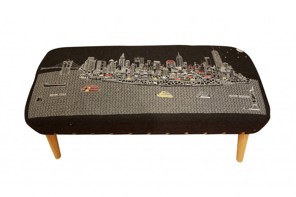 38" Gray Wool and Brown Ottoman
