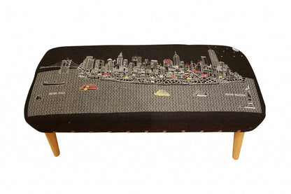 38" Gray Wool and Brown Ottoman