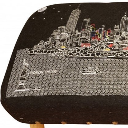38" Gray Wool and Brown Ottoman