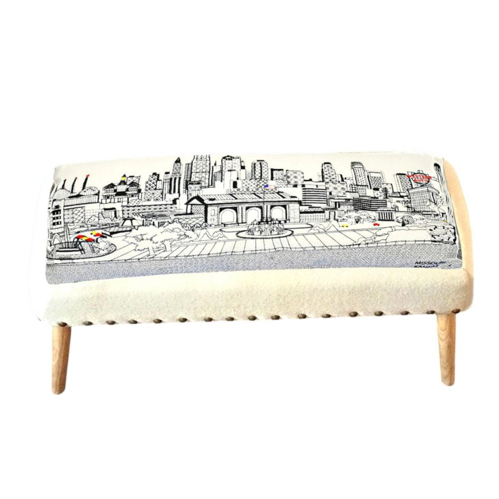 38" Cream Wool And Brown Ottoman