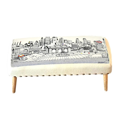 38" Cream Wool And Brown Ottoman
