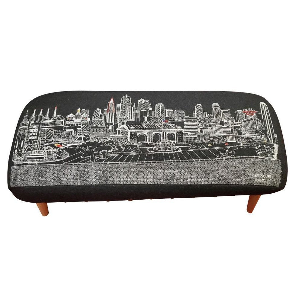 38" Black Wool and Brown Ottoman