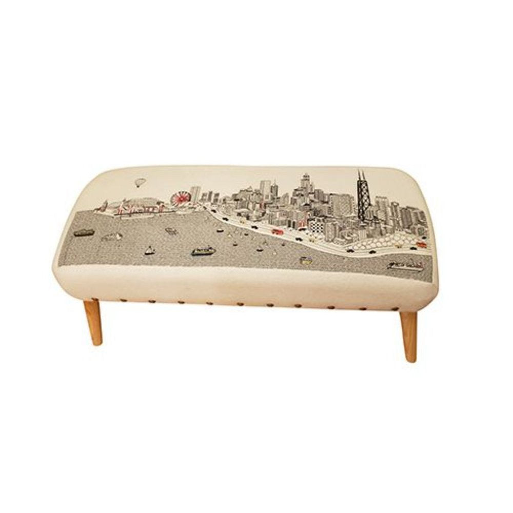 38" Cream Wool and Brown Ottoman