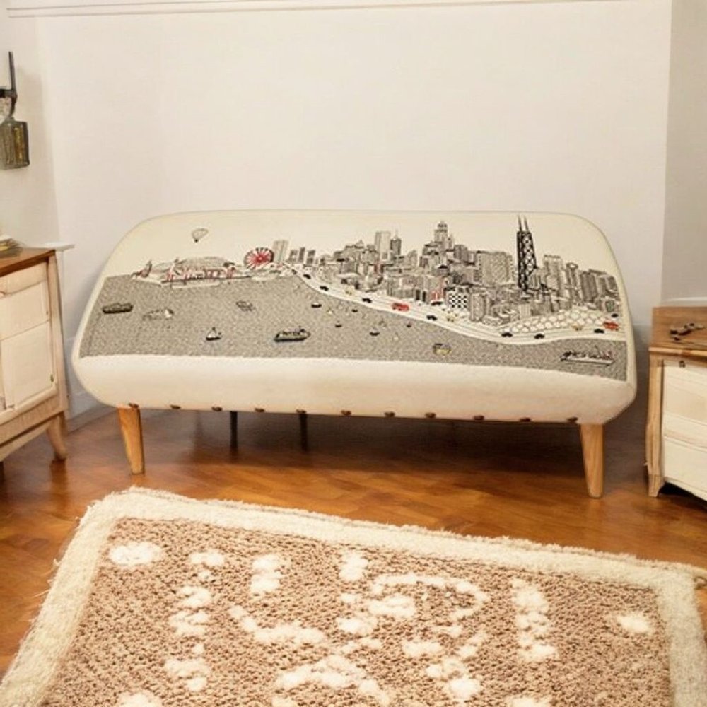 38" Cream Wool and Brown Ottoman