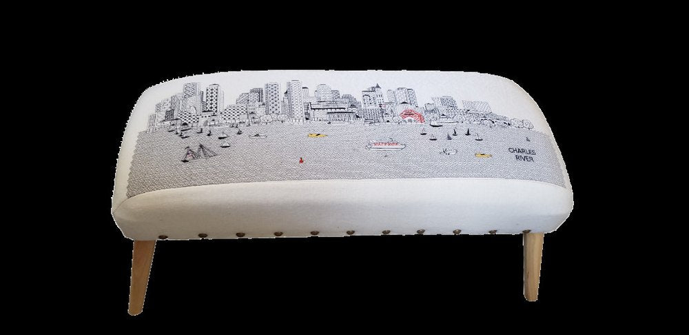 38" Cream And Natural Boston Daytime Skyline Embroidered Ottoman