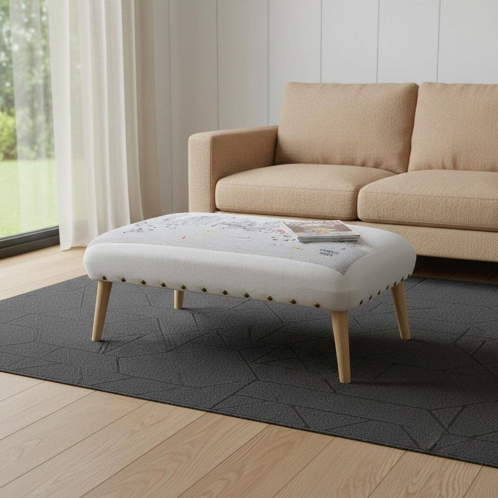 38" Cream And Natural Boston Daytime Skyline Embroidered Ottoman