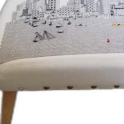 38" Cream And Natural Boston Daytime Skyline Embroidered Ottoman