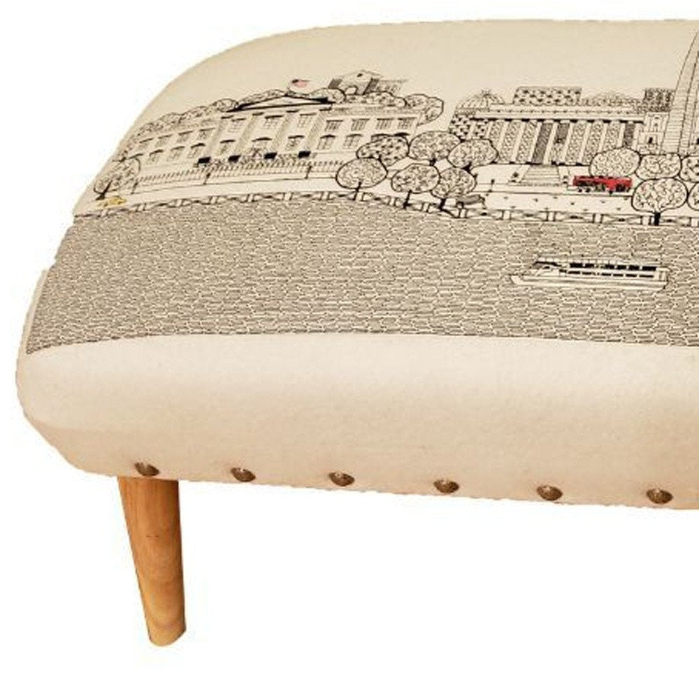 38" Cream Wool and Brown Ottoman